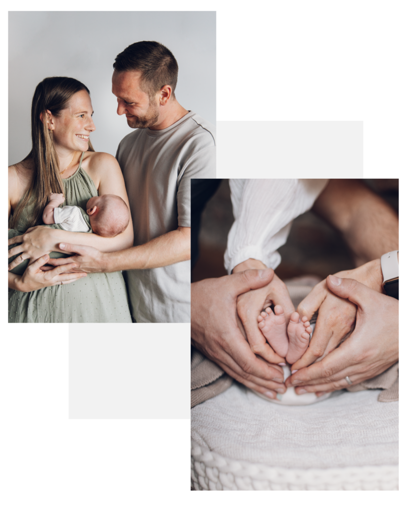 Junge Familie mit Baby auf dem Arm, Hände der Eltern umschließen herzförmig Babyfüsse