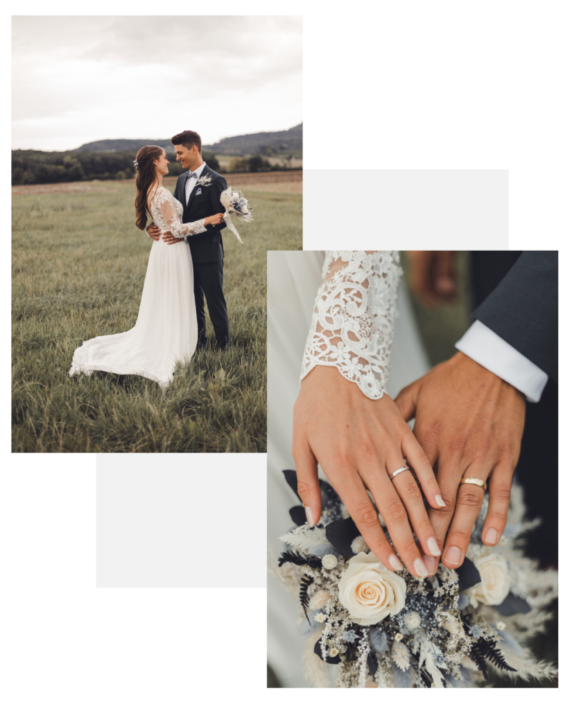 Komposition aus zwei Bildern - auf dem ersten Bild steht das Hochzeitspaar vor einer hügeligen Landschaft, auf dem zweiten Bild halten sie ihre Hände mit Eheringen über den Brautstrauß